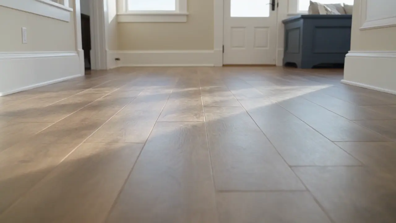 Finished wood-look porcelain tile floor in a bright hallway