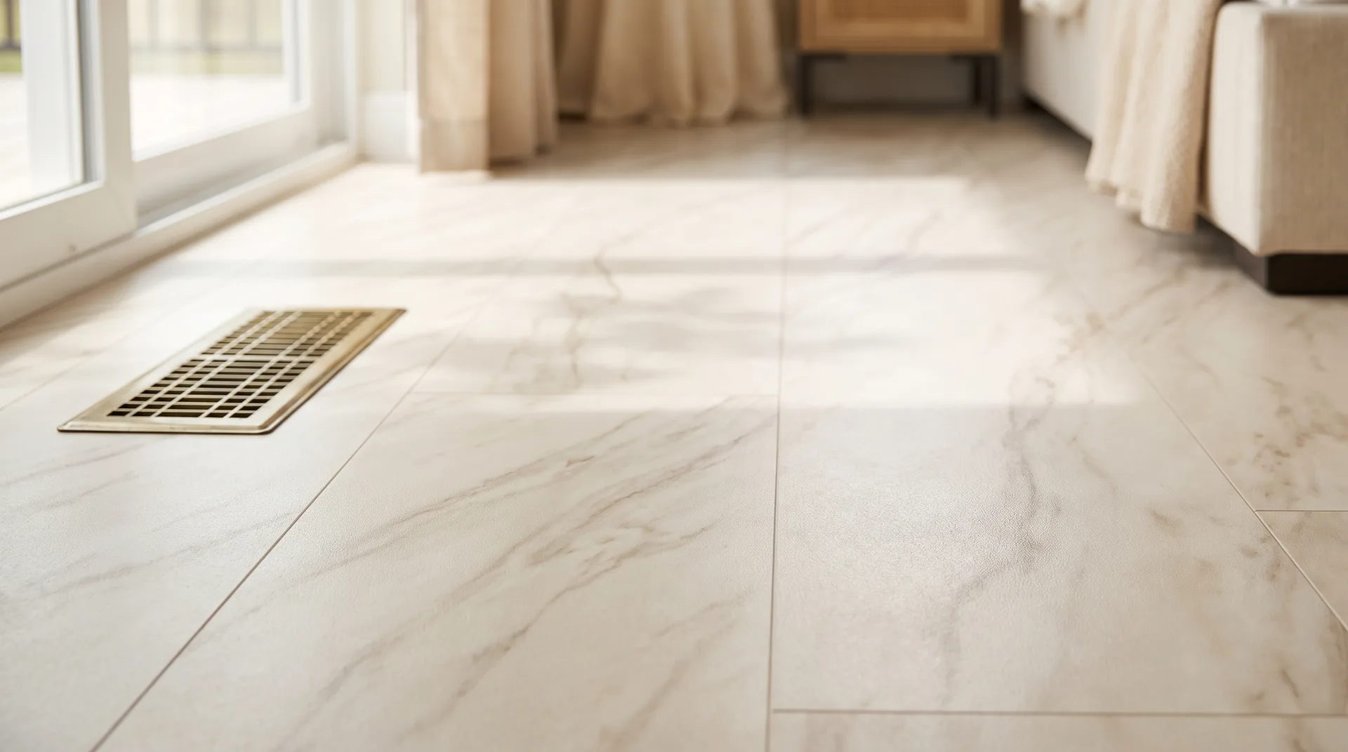 Pale cream marble-look porcelain tile with faint warm grey veining drifting across it