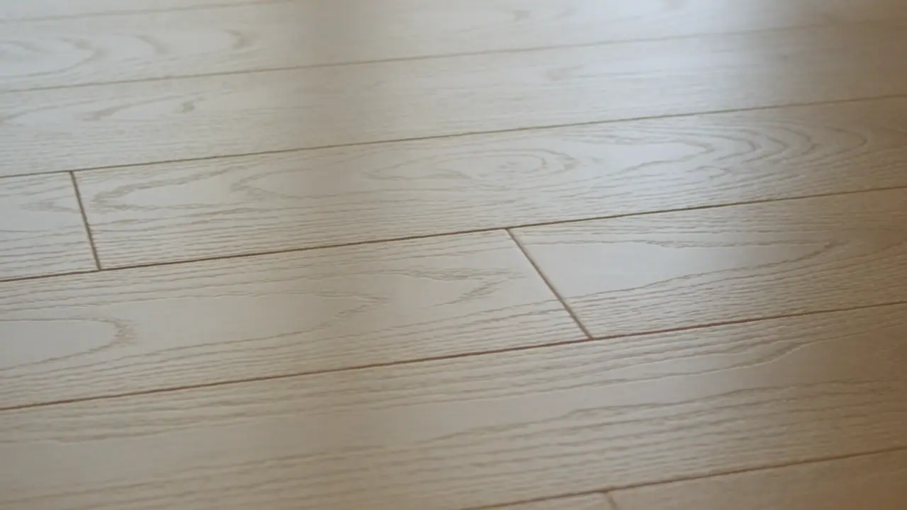 Wide honey-toned wood-look porcelain plank tile with straight grain running the length of a sunlit room