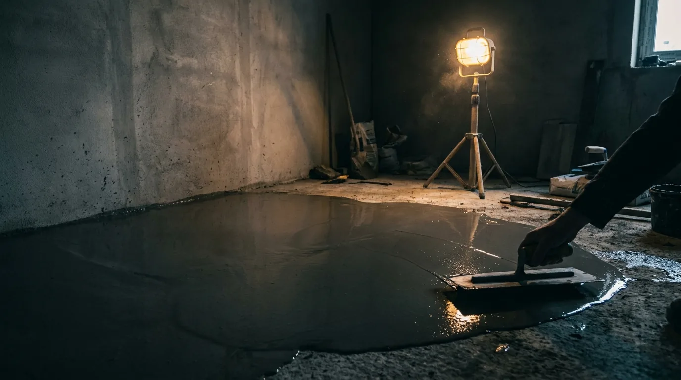 A trowel spreading self-leveling compound across a concrete subfloor