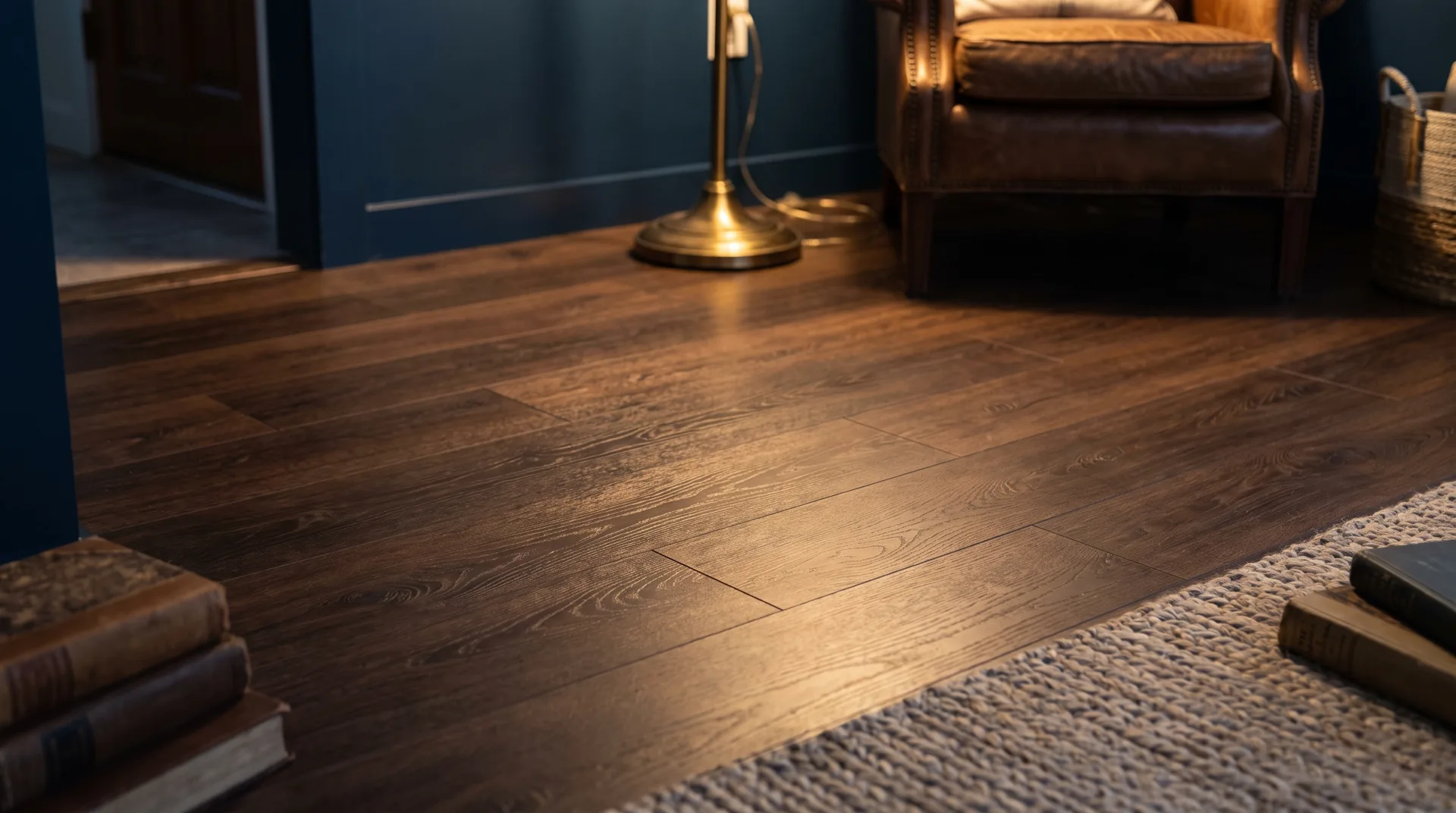 Deep chocolate-brown wood-look porcelain plank tile with figured grain and a low satin sheen